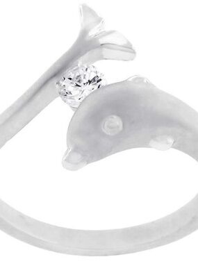 Sterling Silver Dolphin Ring with Clear Stone - Women Jewelry